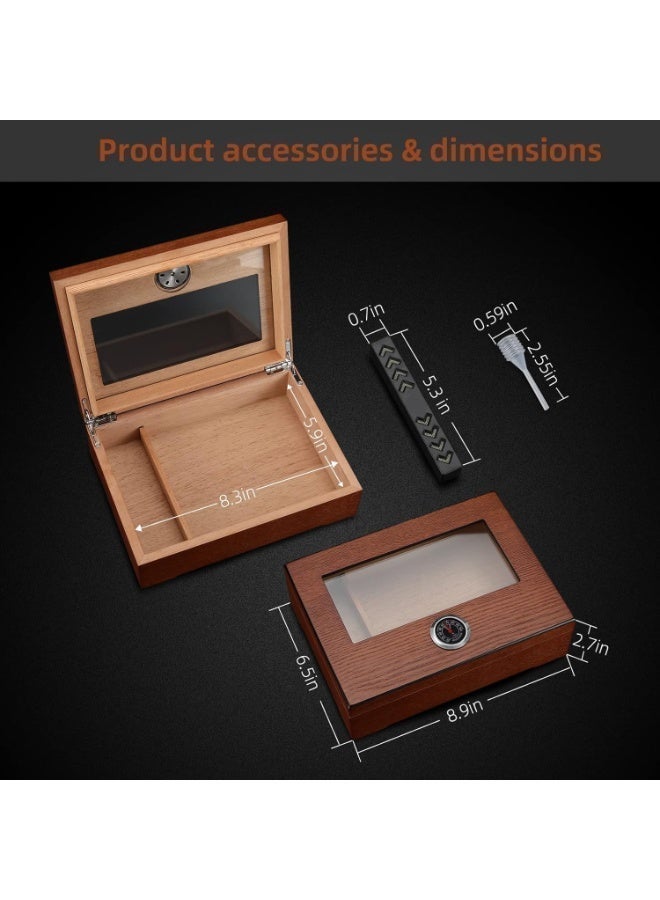 صندوق سيجار بزجاج علوي مع مقياس رطوبة ومرطب وفاصل، صندوق تخزين من خشب الأرز المكتبي يتسع لـ20-30 سيجار - Image 3